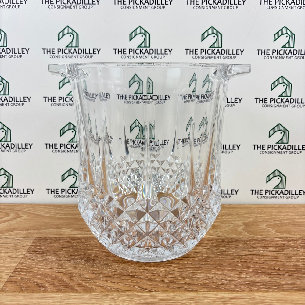 Vintage Cut Glass Ice Bucket Diamond Pattern Lug Handles 8" Tall Barware Crystal